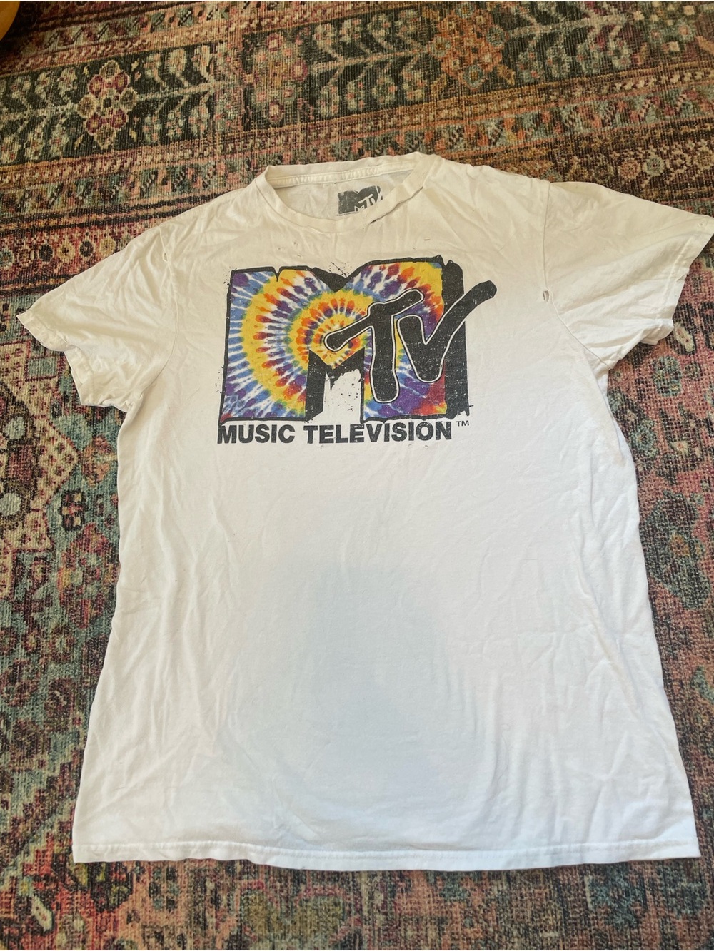 Distressed MTV White Tee with Multicolor Tie-Dye Logo